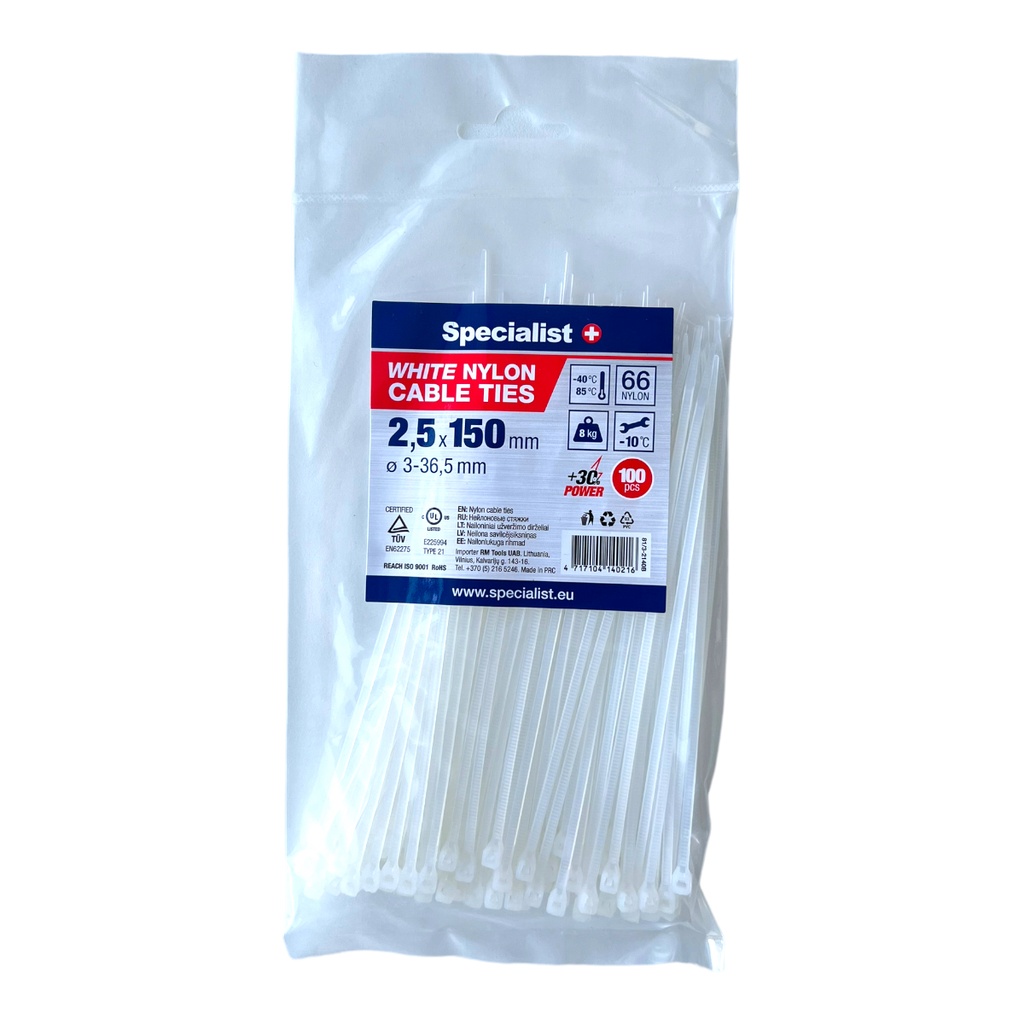 [81/3-2140B] Nylon cable ties white 2,5x150mm,100 pcs
