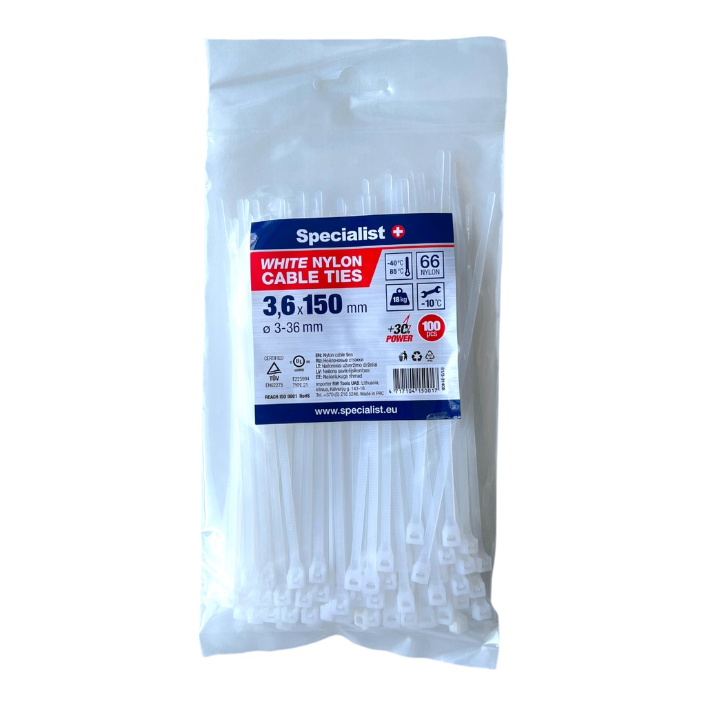 [81/3-3140B] Nylon cable ties white 3,6x150mm,100 pcs