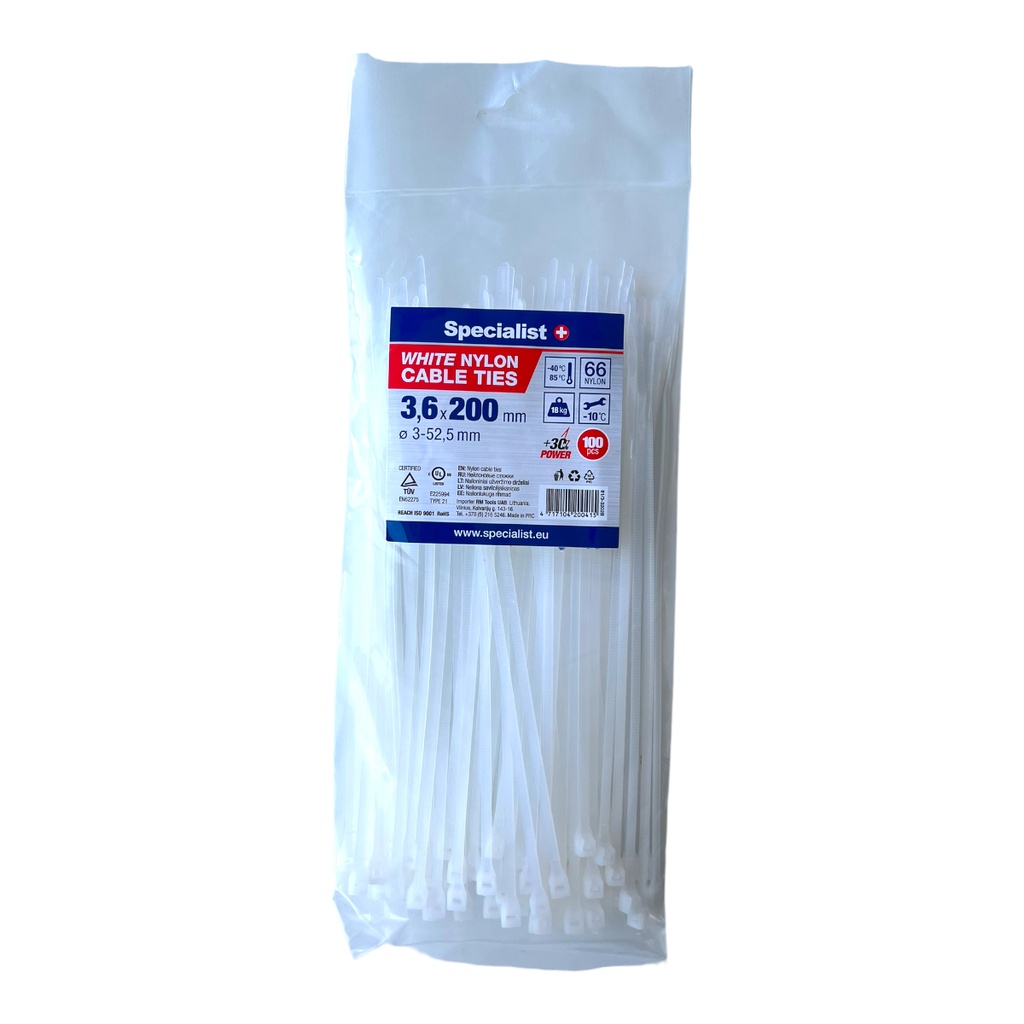 [81/3-3202B] Nylon cable ties white 3,6x200mm,100 pcs