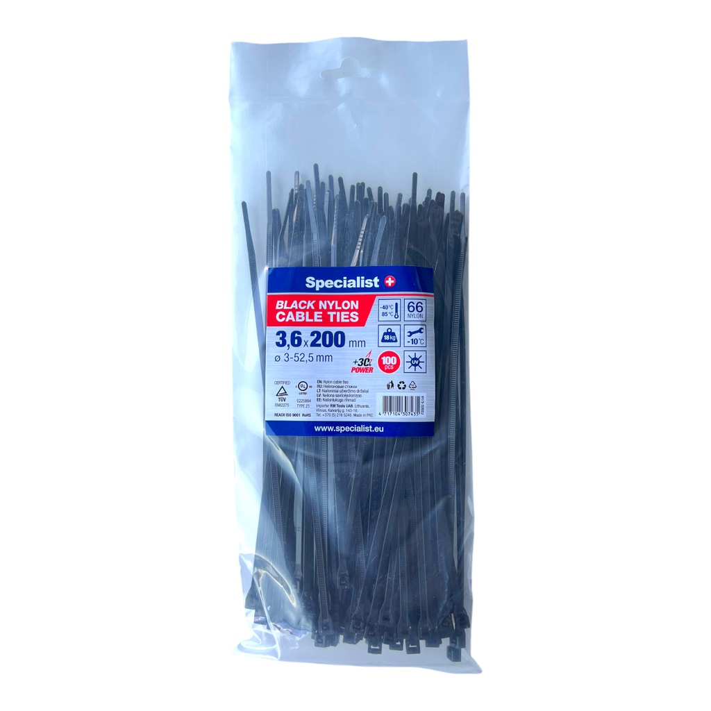 [81/3-3202J] Nylon cable ties Black 3,6x200mm, 100pcs