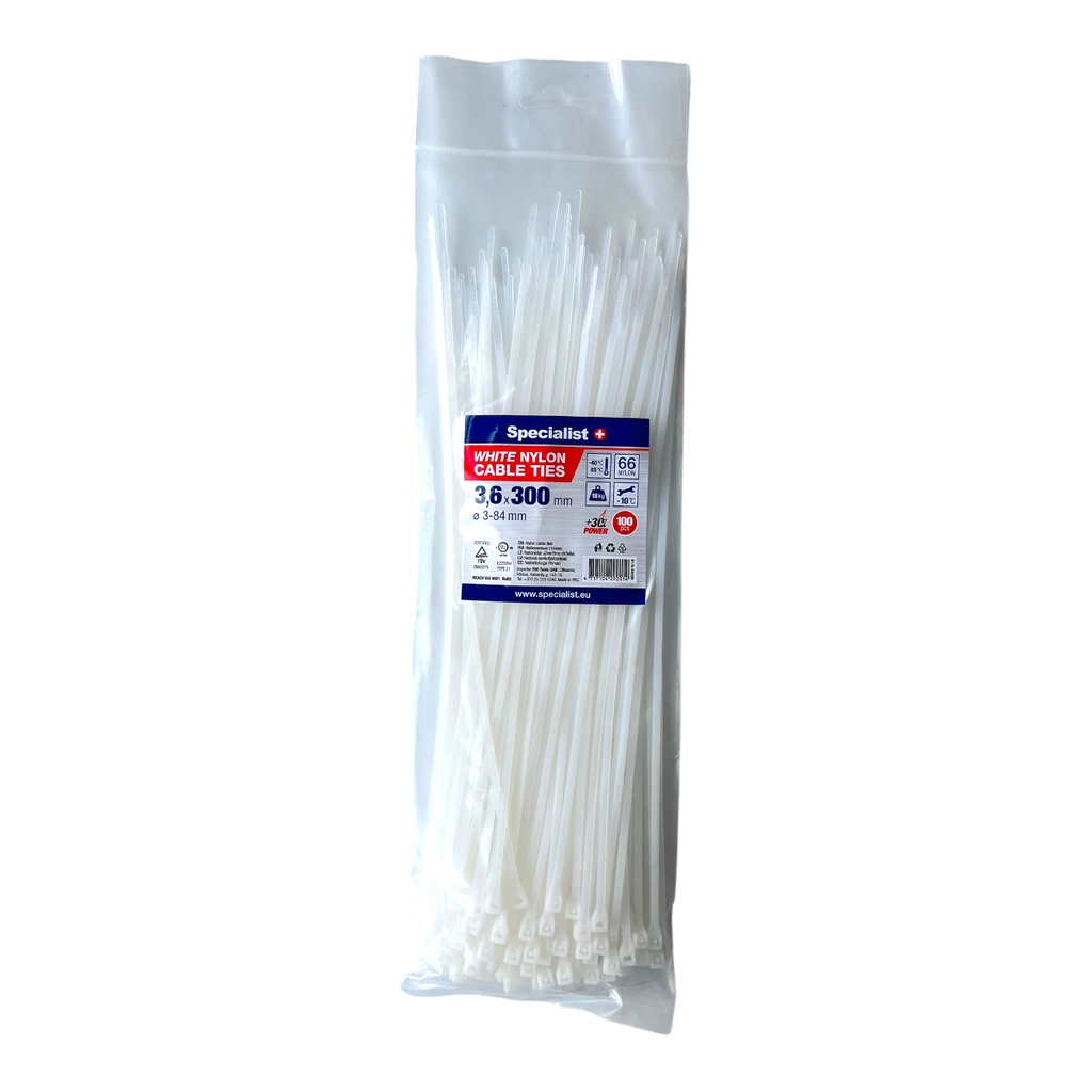 [81/3-3302B] Nylon cable ties white 3,6x300mm,100 pcs