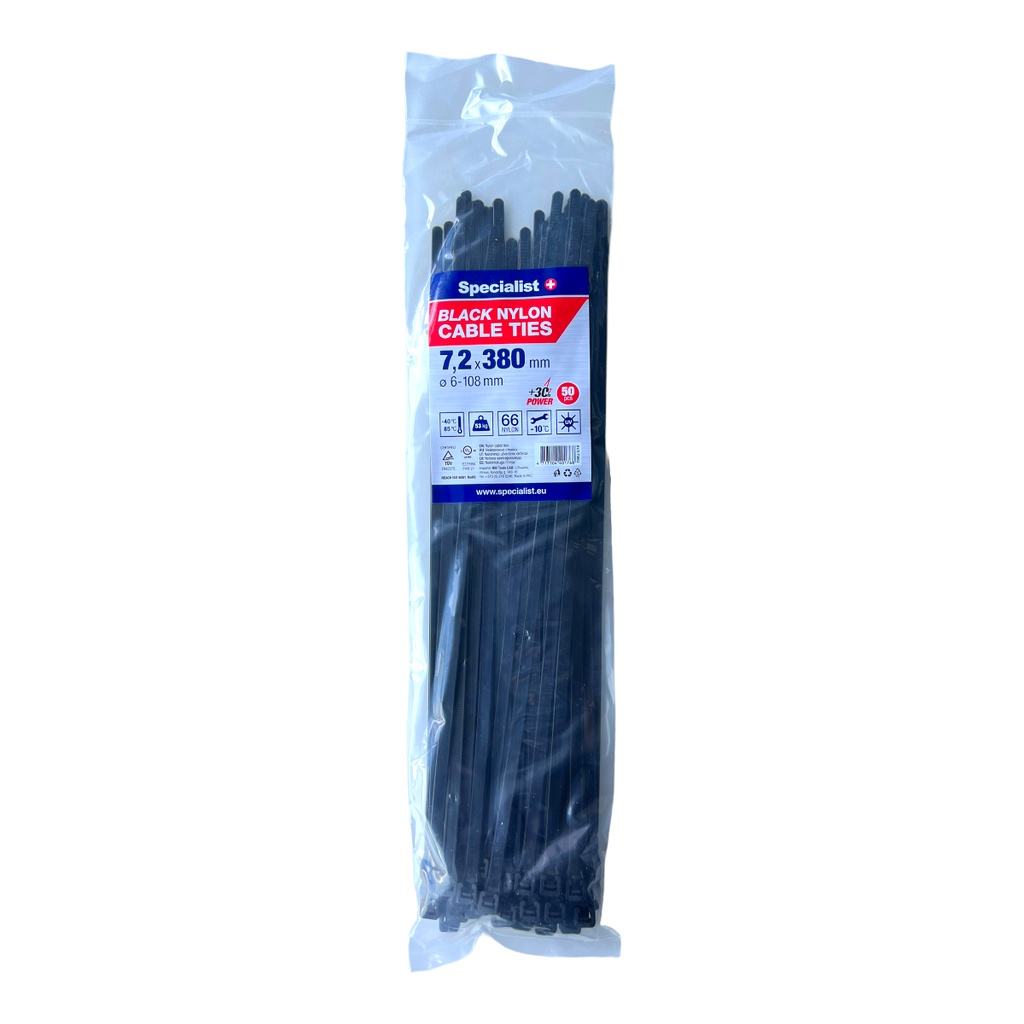 [81/3-7380J] SPECIALIST+ nylon cable ties, black, 7.2x380 mm, 50 pcs